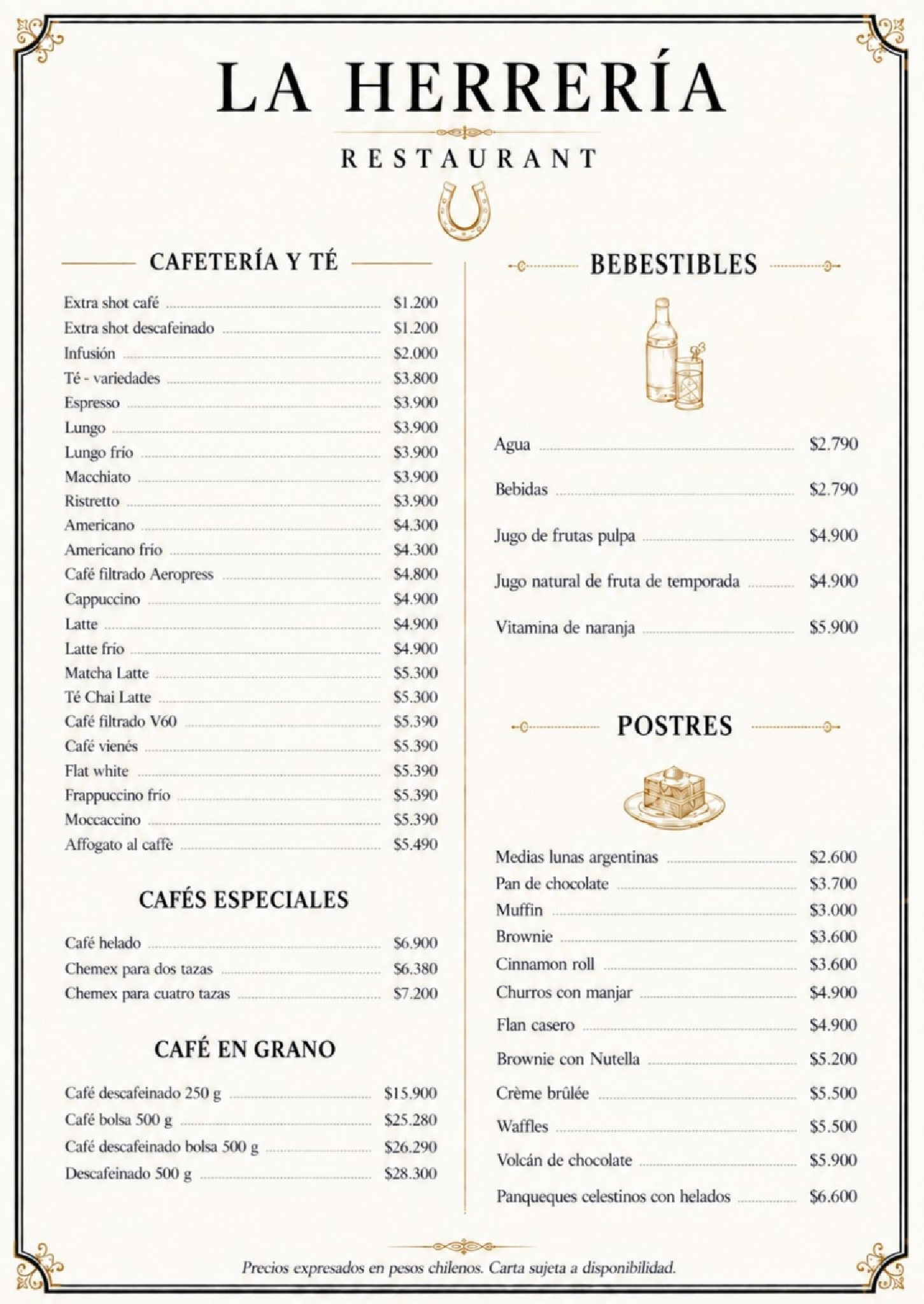 Carta La Herrería - Página 2: Cafetería de Especialidad, Bebidas y Postres Caseros