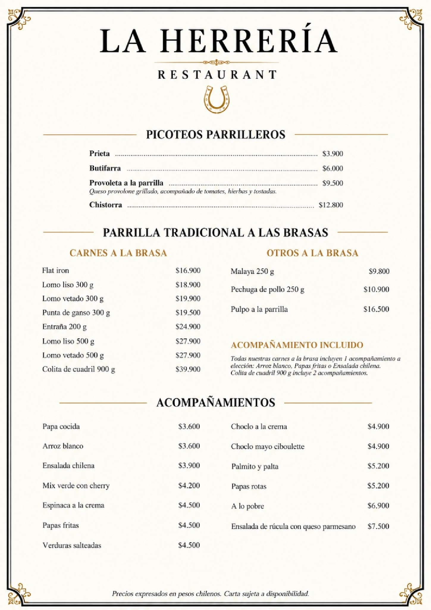 Carta La Herrería - Página 4: Picoteos Parrilleros, Cortes a las Brasas y Acompañamientos