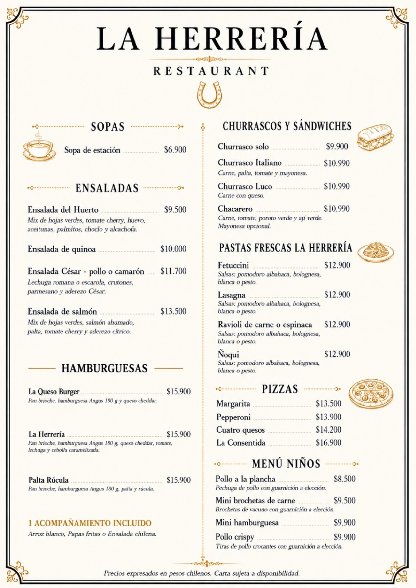 Carta La Herrería - Página 5: Sopas, Ensaladas, Hamburguesas, Pastas, Pizzas y Menú Niños