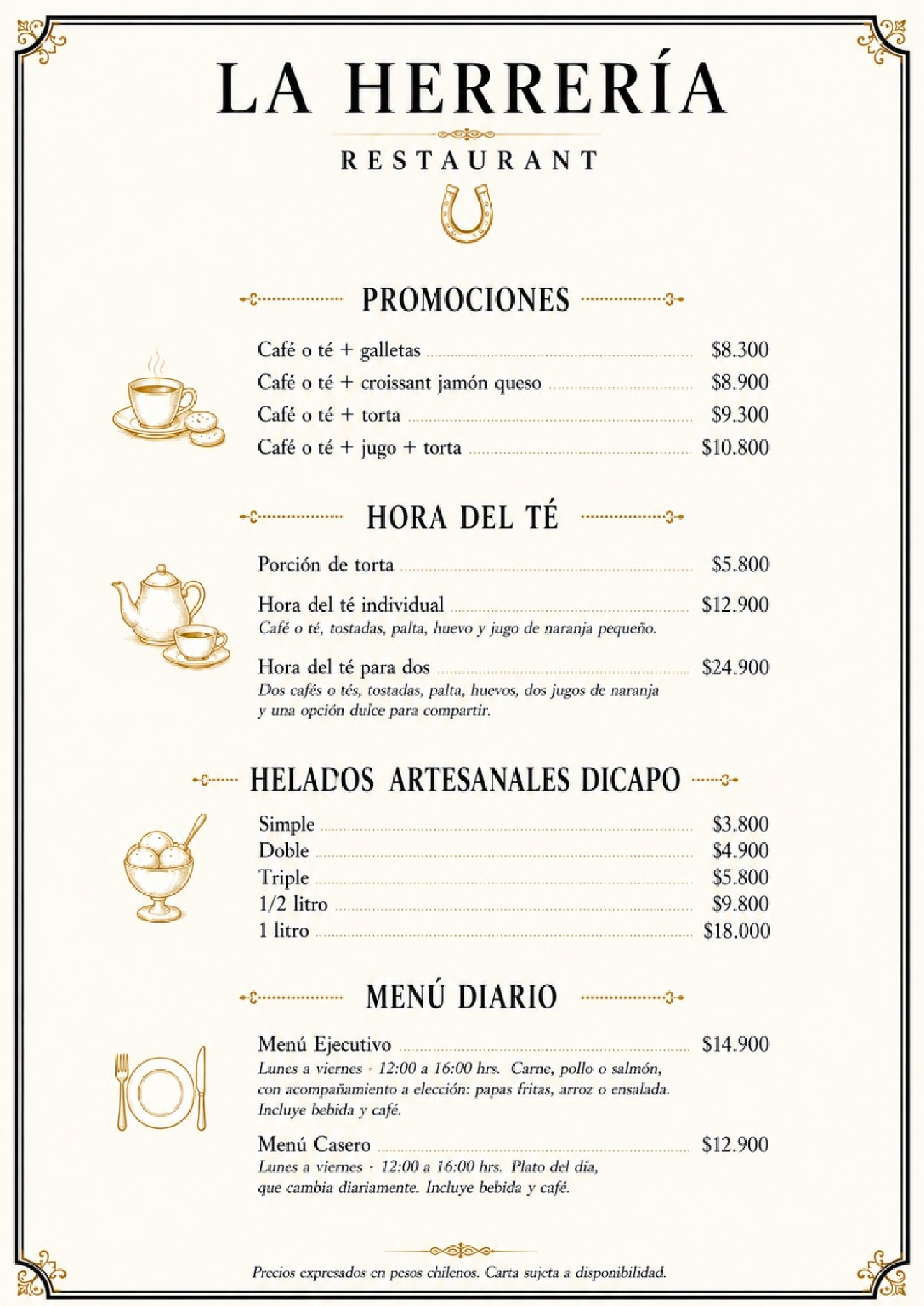 Carta La Herrería - Página 6: Promociones, Hora del Té, Helados Dicapo y Menú Diario